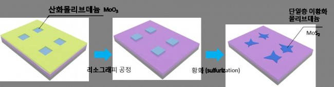 연구진은 기판 위 원하는 위치에 산화몰리브데늄을 만든 뒤, 기화한 황과 촉진제를 함께 넣는 방식으로 단일층의 이황화몰리브데늄을 만드는 데 성공했다. - 기초과학연구원 제공